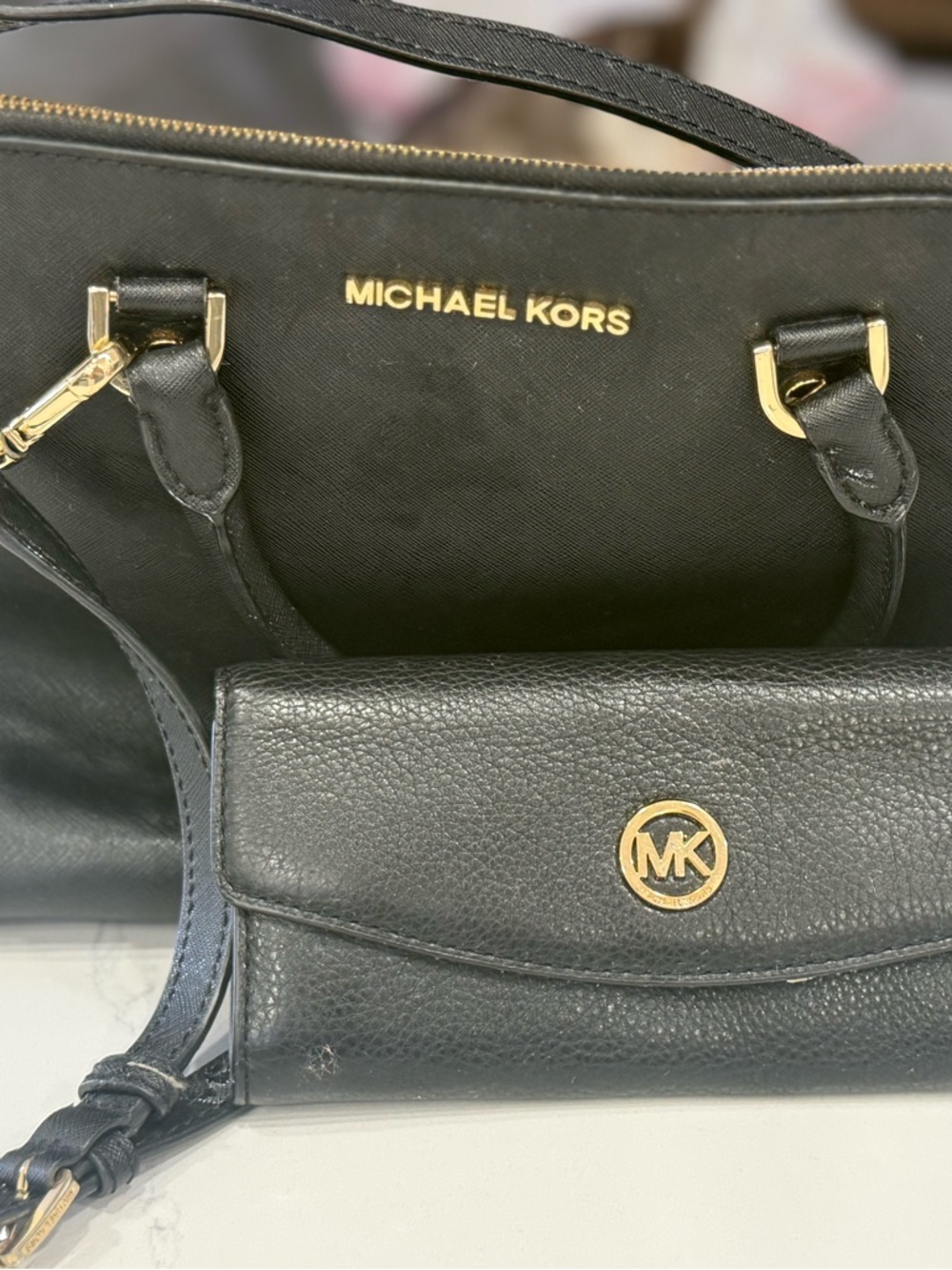 Michael Kors Black Leather Tote with Matching Wallet and Gold Hardware